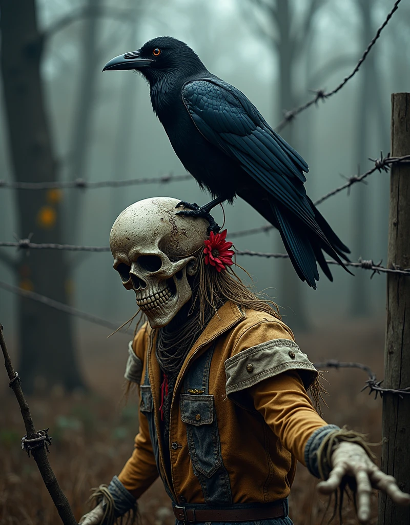 detailed raven,detailed scarecrow,barbed wire,hyperrealistic,tattoo style,paint splash,black and white,cinematic,illustration,painting,photo,poster,dark fantasy,masterpiece,best quality,4k,8k,highres,ultra-detailed,realistic,photorealistic,photo-realistic,HDR,UHD,studio lighting,ultra-fine painting,sharp focus,physically-based rendering,extreme detail description,professional,vivid colors,bokeh