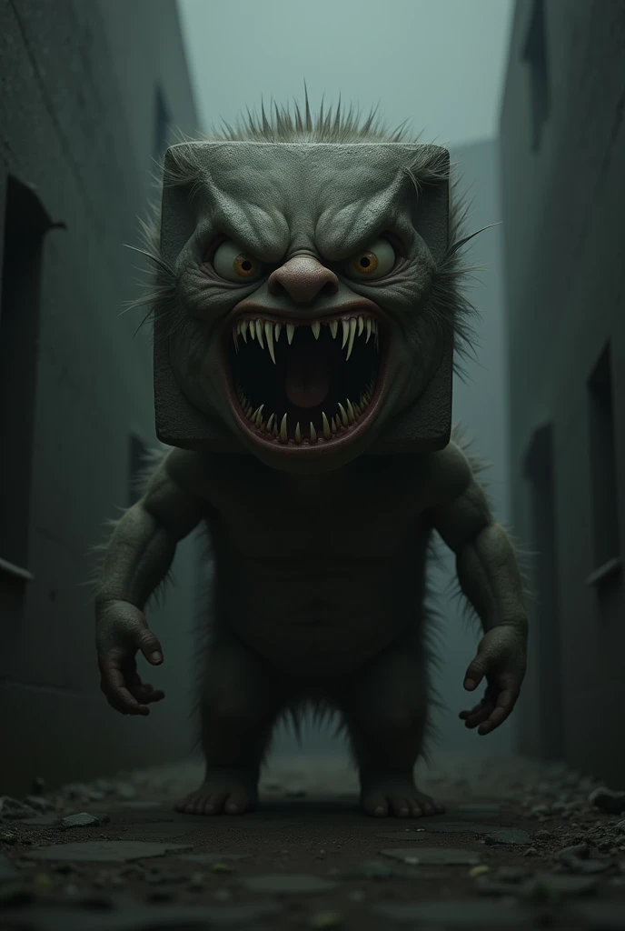 terrifying square, frightening, long teeth
laughing but with his teeth together, he has
hair but it's very short, without an ear, without nose