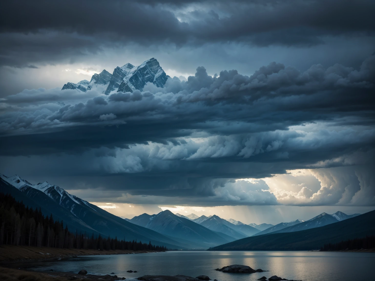 a beautiful detailed landscape, rocky mountains in the background, a vast expanse of calm water the size of an ocean, no sunlight, dramatic atmosphere and lighting, the sky full of heavy clouds like cumulonimbus, lots of rain falling, like a storm, photorealistic, 8k, ultra-detailed, extremely detailed, intricate details, cinematic, dramatic, moody, epic scale, inspiring, spiritual, biblical, Genesis chapter 1.