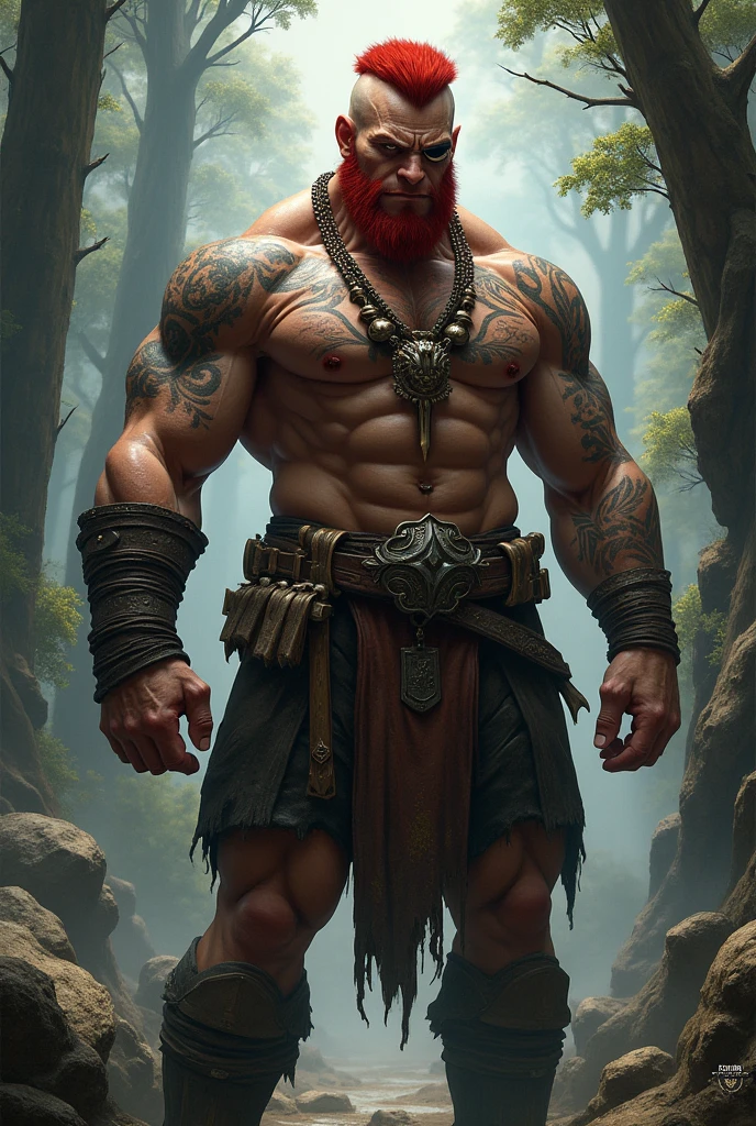 Create a short-haired red-haired male half-orc with a necklace of teeth around his neck and a tribal tattoo on his left arm and one blind eye,I want him to be big and muscular 
