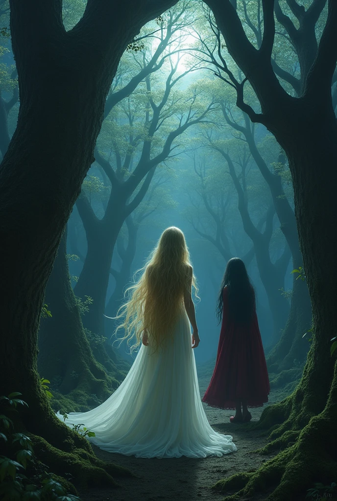 Create a dark and mysterious forest.
In the foreground, There is another girl looking up with blonde hair wearing a long white dress in the background., There is a girl with black hair wearing a burgundy dress.. she looks mysteriously over her shoulder.