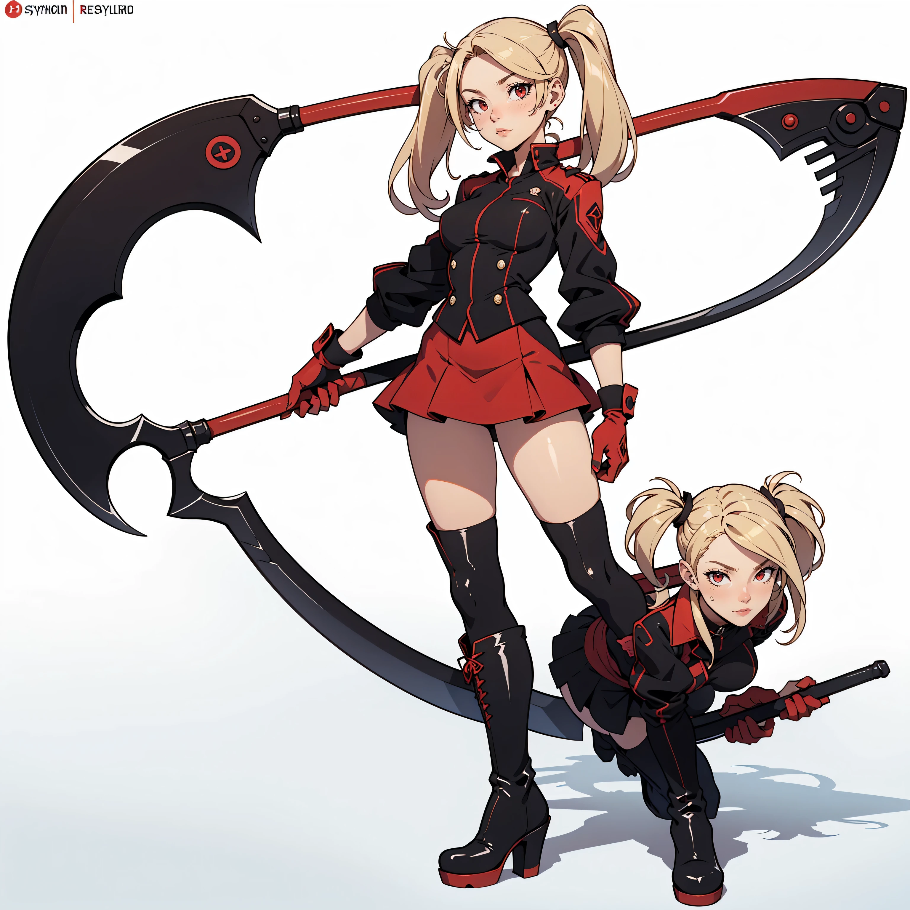 Very detailed, neutral facial expression, figure, full body view, blonde hair with twintails, red eyes, looking at viewer, black and red uniform, skirt, black boots, holding scythe, sexy pose.