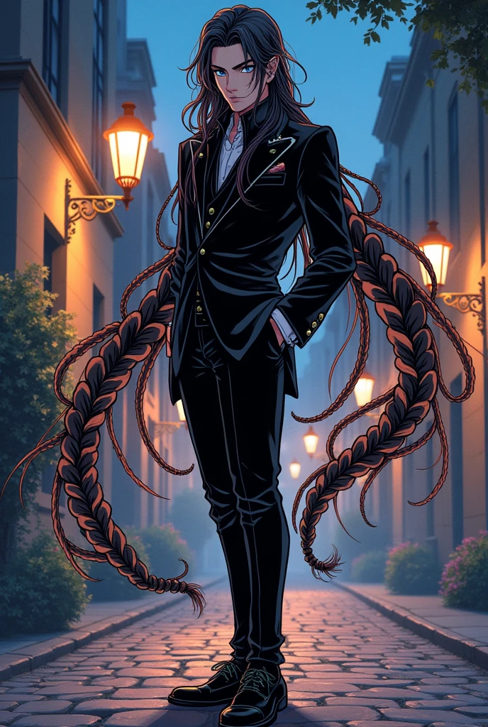 Make me a Genshin Impact style comic image, He has black hair  (Literally) but a lighter black, Hair the color of beige orange and he has bangs and wears braids, His braids reach his waist. His eyes are a dark blue and a little colorless, He is wearing a black suit with white folded sleeves and is wearing tall black shoes, and he is wearing black gloves and a mask