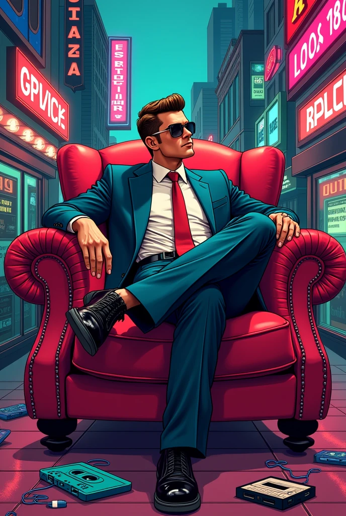 A man in a suit sits on a chair, in the style of 80s comics 