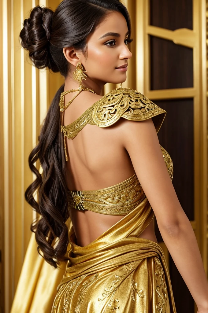  beautifully designed female character with a regal and elegant appearance, depicted from both the front and back views. She has a warm, deep brown skin tone and is styled with intricate details that emphasize her graceful yet powerful persona.
Her hair is a rich, dark black, styled into a voluminous, shoulder-length bob with soft, wavy curls that frame her face. The hair is accessorized with a gold laurel-like hairpiece on the left side, which adds a touch of nobility to her look. A small green leaf adorns the back of her hair, enhancing her connection to nature or a mystical heritage. Her eyes are large and almond-shaped, with a soft, golden-brown hue that radiates warmth and intelligence. Long, elegant eyelashes and a subtle, confident smile enhance her approachable, yet strong demeanor.
The character's ears are elongated and pointed, indicating an elven lineage, and are adorned with intricate, dangling gold and emerald earrings that sway delicately, adding to her sophisticated appearance.
Her outfit is a form-fitting, sleeveless high-collared black top made of a sleek, luxurious fabric. The top is embellished with elaborate golden armor-like designs that cover her chest, shoulders, and waist. These golden embellishments resemble ornate, ancient symbols or crests, giving her an aura of authority and power. The back of her top features similar golden patterns that wrap around her upper body, maintaining the balance between beauty and strength in her design.
Her arms are partially covered by golden armguards that match the detailing on her outfit, adding a warrior-like edge to her otherwise elegant attire. The armguards have a leaf motif, which ties into the natural elements in her overall design. The lower part of her outfit includes a white, flowing garment that contrasts with the dark, armored upper half, adding a touch of softness and movement to her appearance. A small green gem is affixed to her waist, providing a focal point that draws the eye