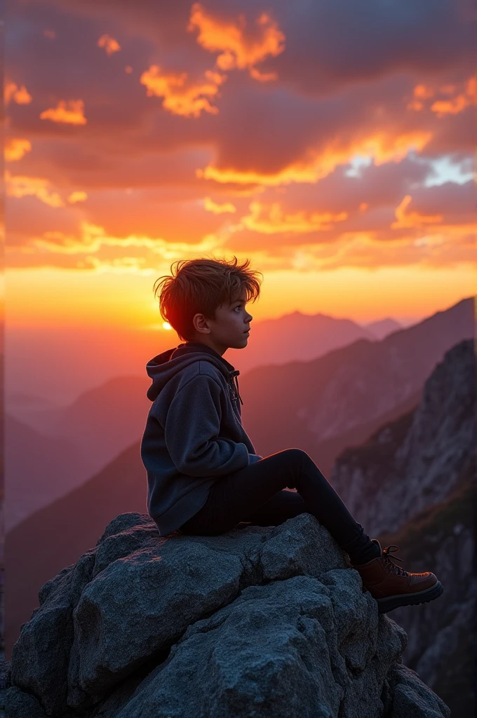 A boy of years old on a mountain, resting his foot on a rock while watching the sunset.