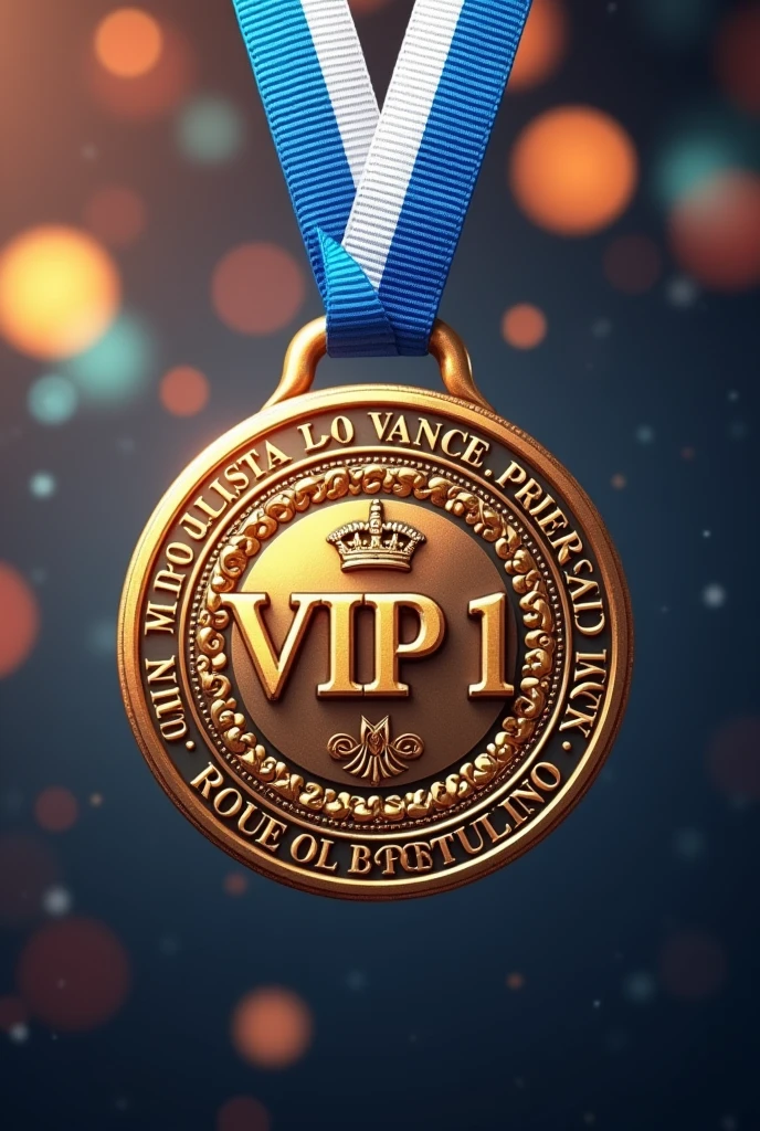 (Photorealism:1.2), beautiful medal with two-color ribbon((blue and white colors))necklace pendant "VIP 1", ((Hyper-Realism)), make this medal as a celebration of "VIP 1" from the company, paying homage, Write the name : "Raphael Fraga Damaceno", from Royal Vending Company.