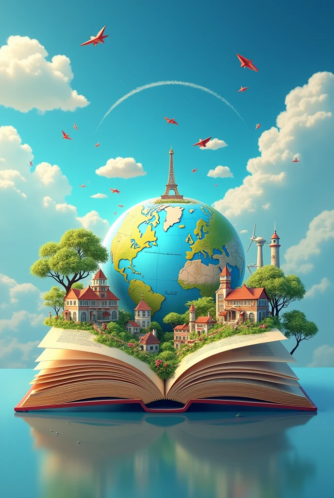 Eu quero uma logo para um canal no YouTube chamado 'Reading the World", then make me a book with the planet on the cover and write "Reading the World" In Portuguese.