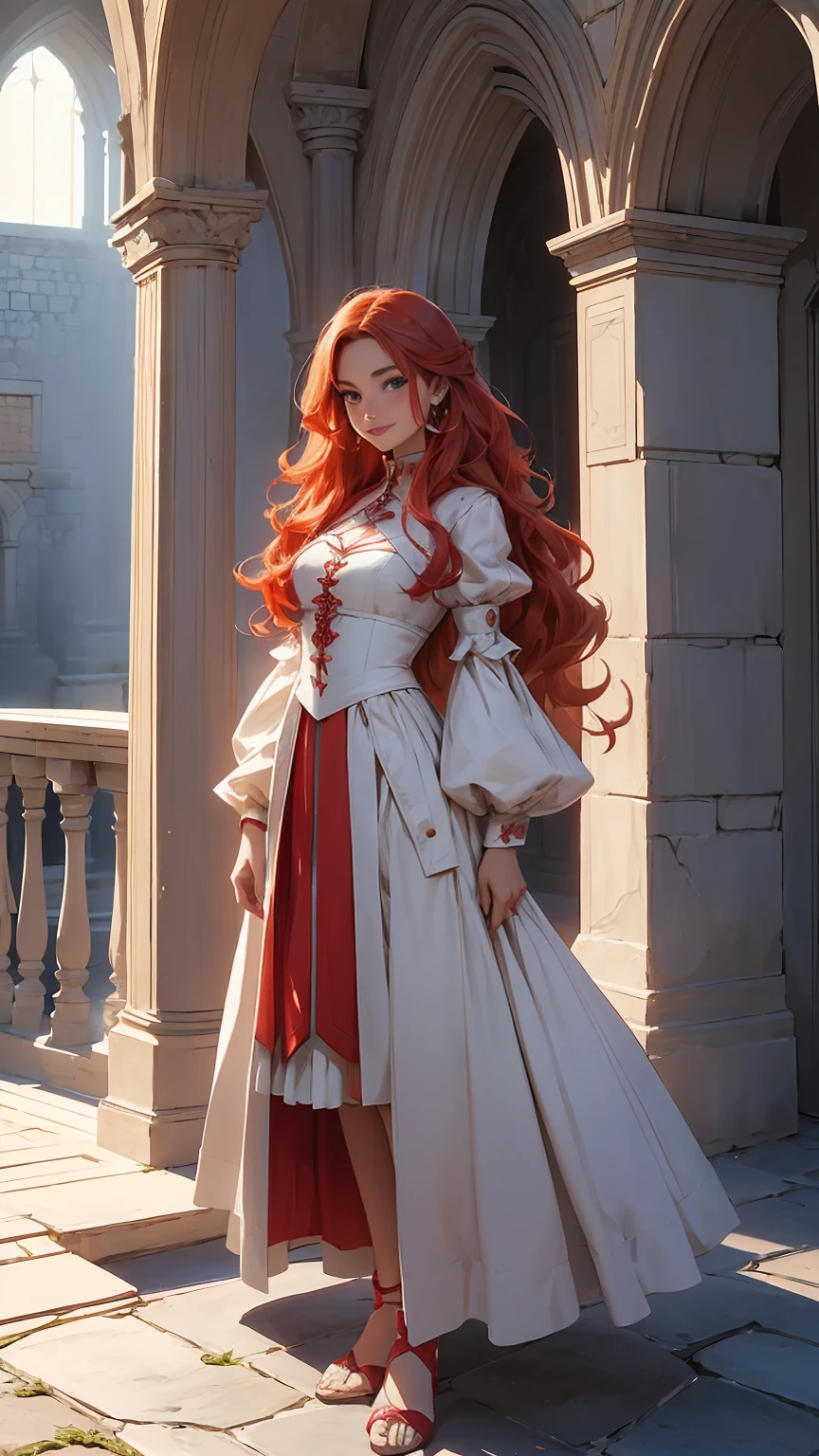 ((photo by full body, standing, Feet on the ground)) (best qualityer, masterful work), 1 chic, flat hair, wavy red hair, wide smile, supportive and comfortable, inside a castle, long  hair