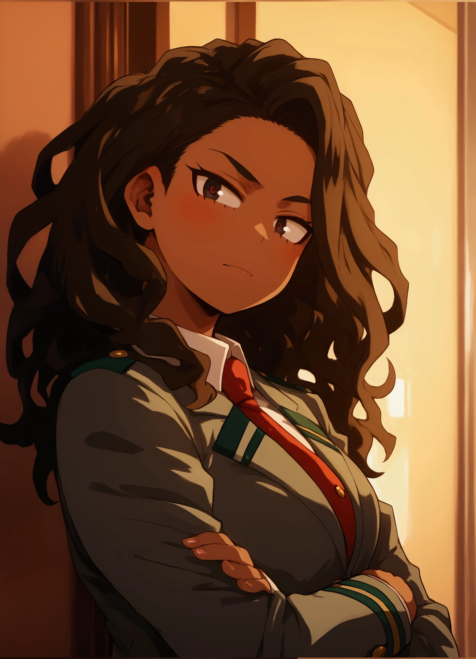 Art style by Kohei Horikoshi, Boku No Hero Academia, black skinned woman, sharp eyes, elegant white wavy hair, dressed in a white elegant dress in a meeting room