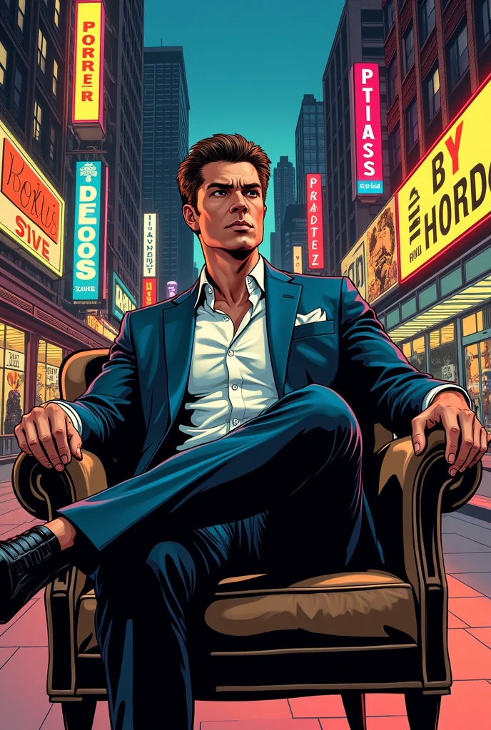 A man in a suit sits on a chair, in the style of 80s comics