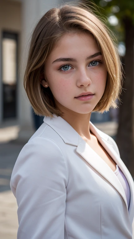 ((Ultra Detail)), Beautiful Art, 18 yo blonde teen girl . Full lips. Eyes wide.  ((Very short hair)), uhd, high details, best quality,, school blazer, private school girl, unbuttoned