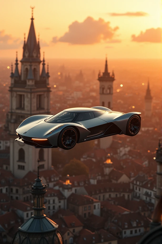 a car flying over old European buildings and an orange sky