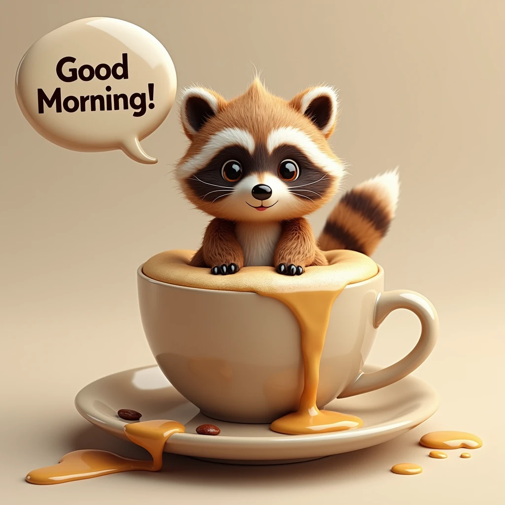 A captivating 3D render of a coffee cup, brimming with a whimsical foam creation that resembles a cute, extra fluffy baby raccoon. The raccoon, with intricate details and expressive eyes, exudes a playful demeanor as it sits atop the frothy coffee, speech bubble with the text "Good Morning!", The coffee spills over the edges, forming a golden stream that cascades down, bringing the artwork to life. The blend of reality and imagination in this conceptual art piece showcases the beauty and creativity of coffee art, making it a delightful and imaginative visual experience., conceptual art, photo, 3d render
