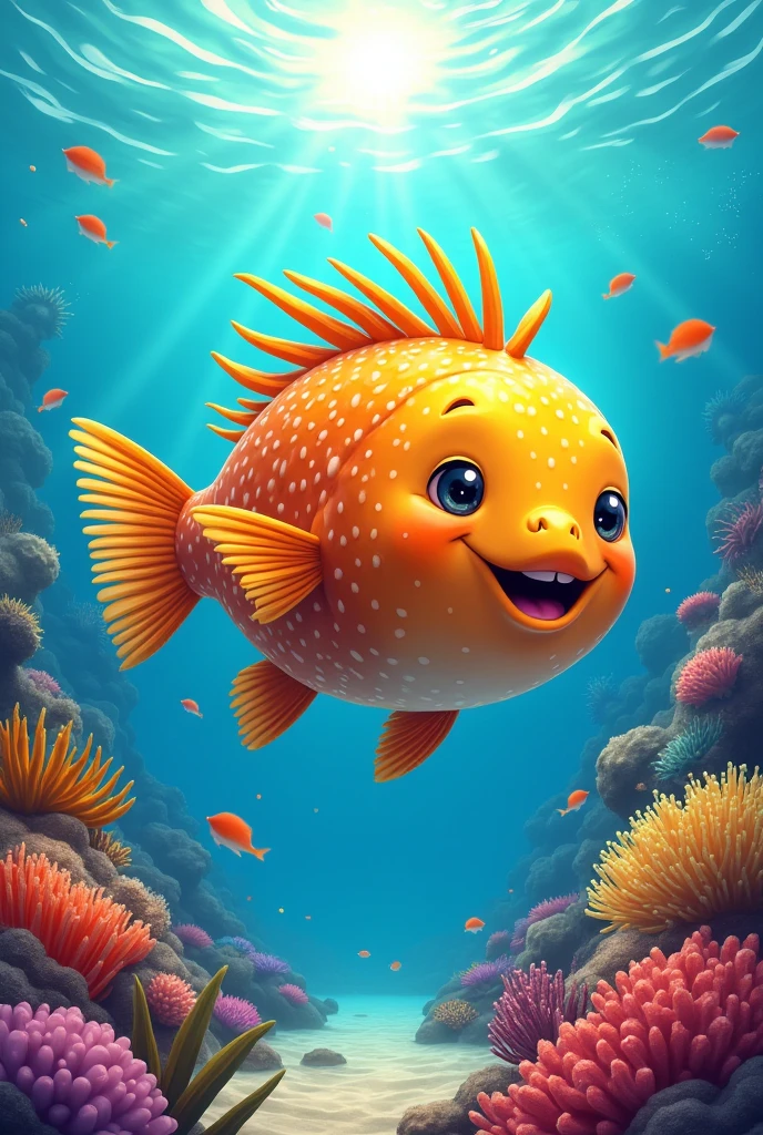 Big puffer fish happy
,thorns big,
orange, beautiful