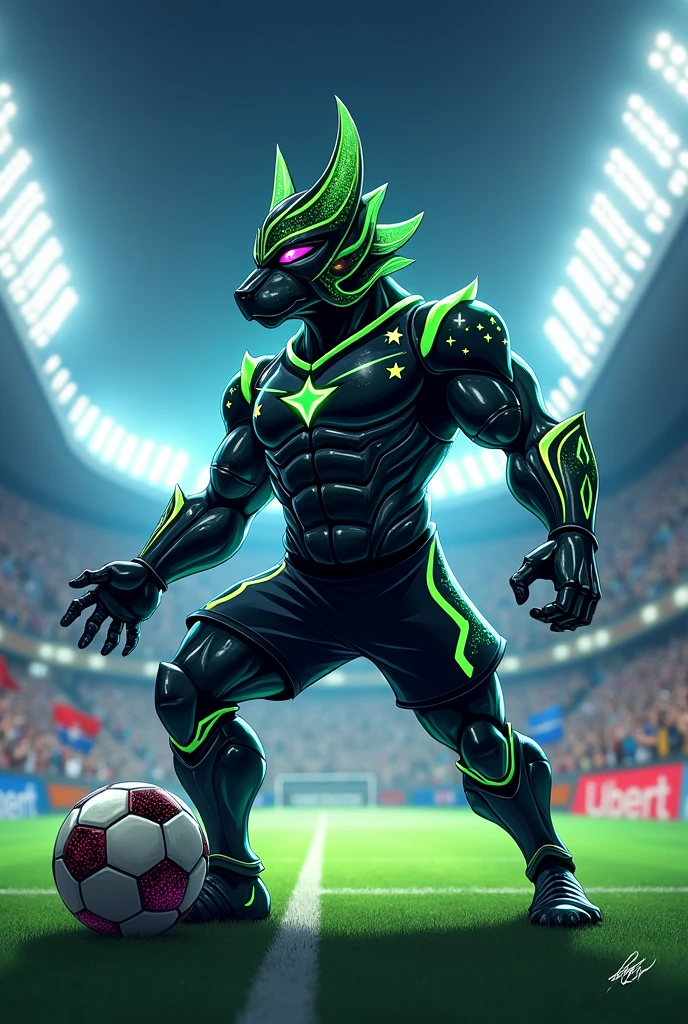 I want to see a mascot for a football team ,The team is called Cosmos FC ,The colors are black and green with a bit of white
