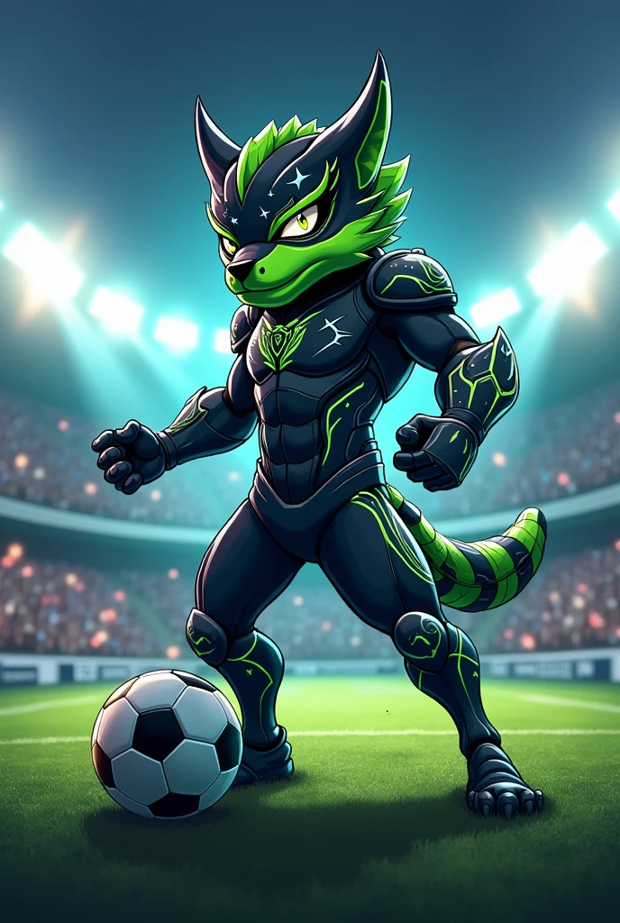 I want to see a mascot for a football team ,The team is called Cosmos FC ,The colors are black and green with a bit of white