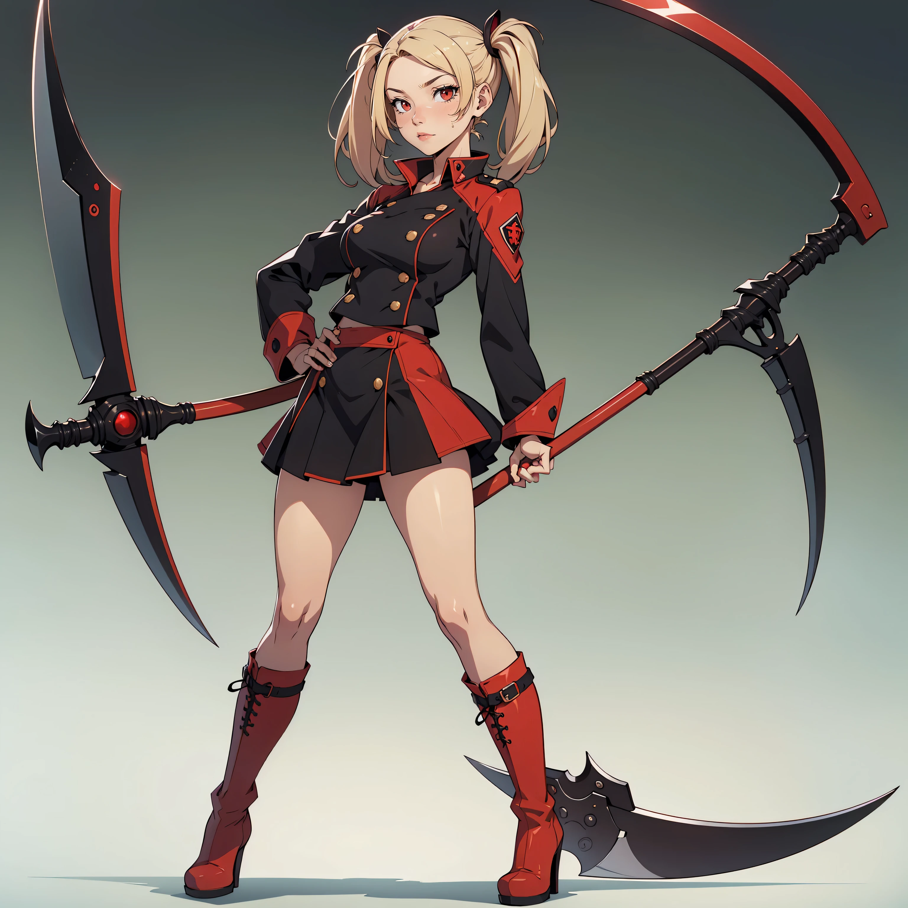 Very detailed, neutral facial expression, figure, full body view, blonde hair with twintails, red eyes, looking at viewer, black and red uniform, skirt, black boots, holding scythe, sexy pose.