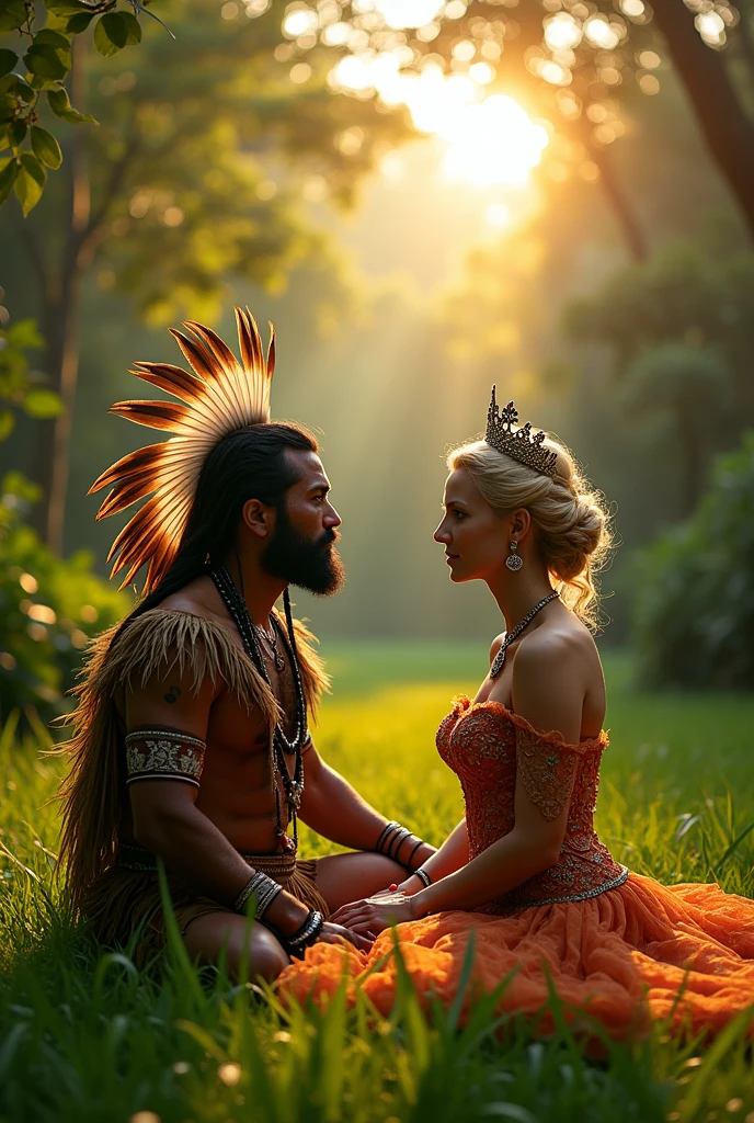 Tupi Guarani indigenous man kneeling next to a blond-haired European royal woman