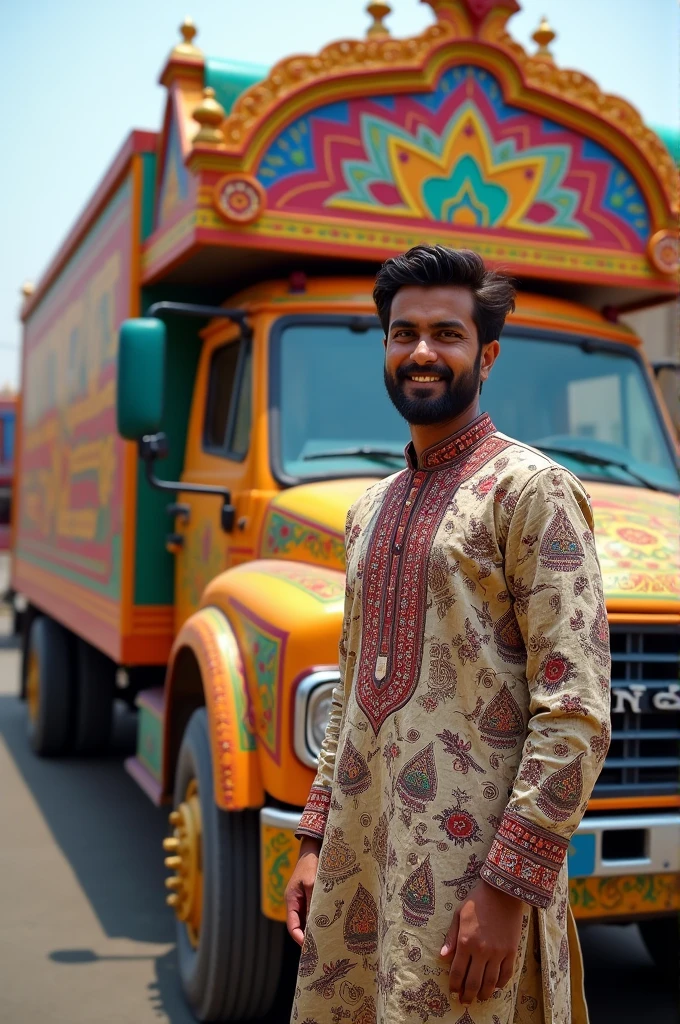 A desi man Standing with Pakistani Art truck