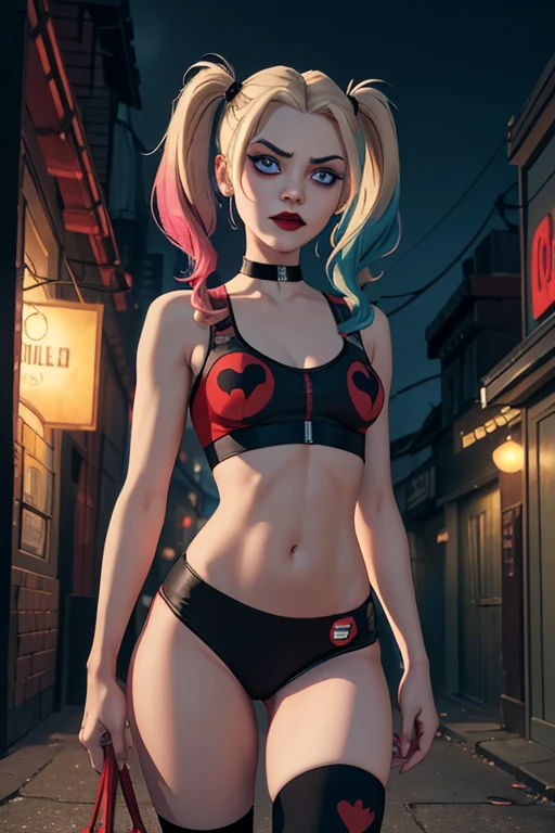 Harley Quinn, skinny girl,small and beautiful buttocks, toned abdomen, small and beautiful breasts, gorgeous blonde hair, classic hairstyle two pigtails, piercing blue eyes, red lips, tight-fitting red black outfit, posing seductively, Arkham asylum background, dark gritty gothic city, night, full moon, best quality, 4k, 8k, highres, masterpiece, ultra-detailed, realistic, photorealistic, photo-realistic, intricate details, dramatic lighting, cinematic composition, moody atmosphere, vibrant colors, neon lights