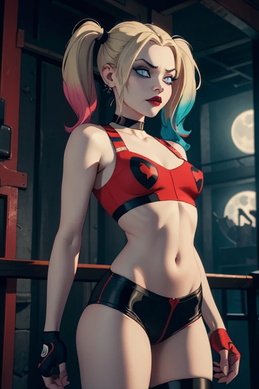 Harley Quinn, skinny girl,small and beautiful buttocks, toned abdomen, small and beautiful breasts, gorgeous blonde hair, classic hairstyle two pigtails, piercing blue eyes, red lips, tight-fitting red black outfit, posing seductively, Arkham asylum background, dark gritty gothic city, night, full moon, best quality, 4k, 8k, highres, masterpiece, ultra-detailed, realistic, photorealistic, photo-realistic, intricate details, dramatic lighting, cinematic composition, moody atmosphere, vibrant colors, neon lights