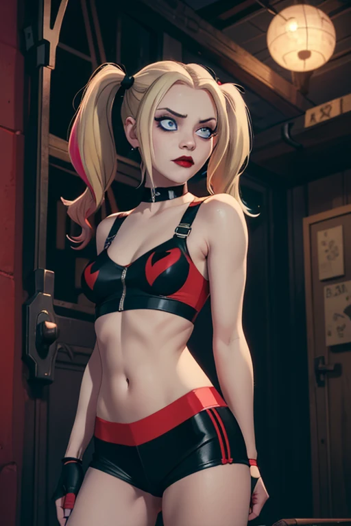 Harley Quinn, skinny girl,small and beautiful buttocks, toned abdomen, small and beautiful breasts, gorgeous blonde hair, classic hairstyle two pigtails, piercing blue eyes, red lips, tight-fitting red black outfit, posing seductively, Arkham asylum background, dark gritty gothic city, night, full moon, best quality, 4k, 8k, highres, masterpiece, ultra-detailed, realistic, photorealistic, photo-realistic, intricate details, dramatic lighting, cinematic composition, moody atmosphere, vibrant colors, neon lights