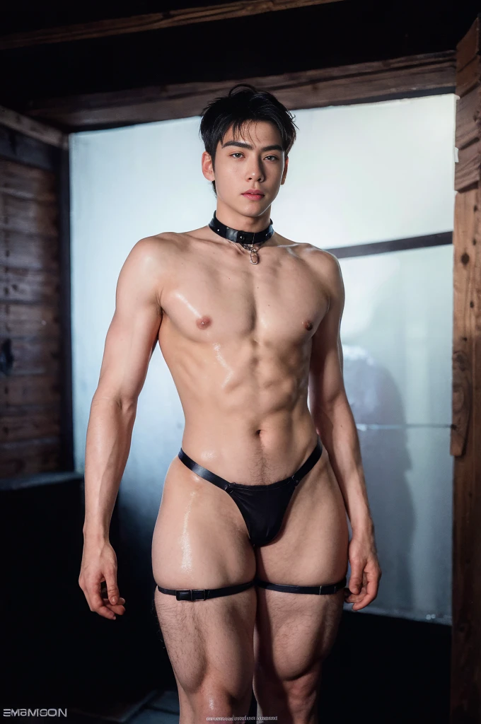 Black hair, Big bulge, very hairy armpits, hairy pubic, hairy crotch, handsome face, In the dirty alley, WEARING Tiny thong, A bondage chest harness adorns his upper body, its intricate design revealing the play of shadows on the exposed skin of his chest. Zephyr's legs, enveloped in calf-to-thigh leather restraints, add a visual symmetry to the scene. The leather straps, secured with meticulous precision, enhance the aesthetic appeal of his bound form. The absence of a body panel in the chest harness exposes his torso, highlighting the vulnerability and sensuality of the moment. As Zephyr's hair falls slightly disheveled around his face, the room captures the scents of leather and anticipation. The alley becomes a canvas for the visual impact of restraint, each element contributing to the immersive experience. The intricate details of the bindings and the interplay of light create a visually compelling scene, ripe for exploration by an AI image generator. handcuffed. Nipple clamps. , full bodyesbian , epic reality , epic photorealistic , ultra realism , photorealistic , only male , only boy , full length shot (fls) , wearing sexy micro string thong , arms up, handsome korean boy , (topless) , sex slave. ,bondage collar chain , standing , wide hips , wide pelvis , phat hips. , thick thighs , very tight , (stocking garter) , snake eyes, thin lip. Buzz cut hairstyle ,(absurderes、hight resolution、ultra-detailliert). revealing the tskin and thighs, (full body Esbian:0.6)