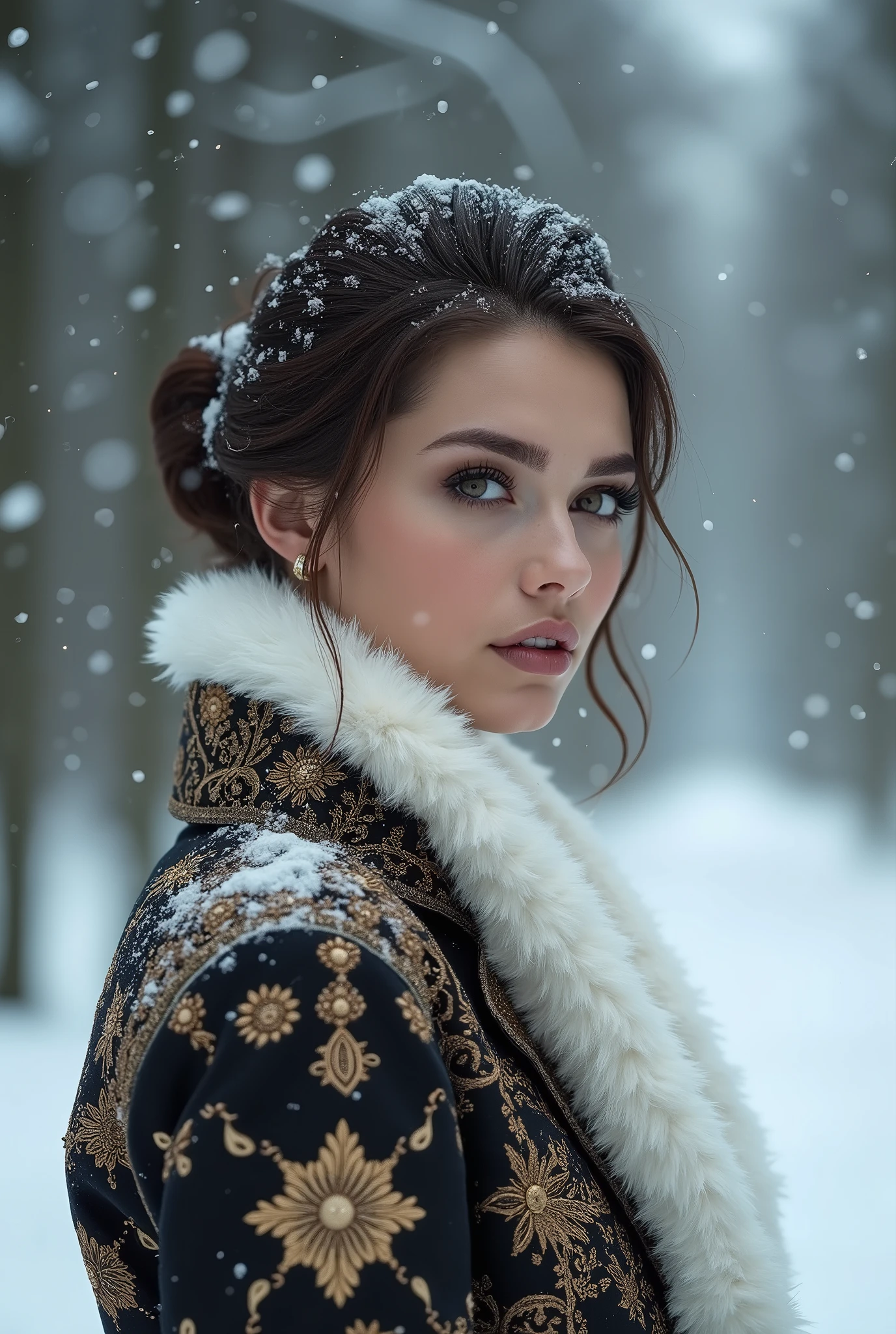 A very beautiful woman with beautiful makeup in a beautiful coat, hair tied in a beautiful bun, smoky eyes, light makeup, snowy forest in the background, snow falling slowly, professional photo, realistic, filigree, emotional, high quality, hyper-detailed, hyper-realistic, complex details