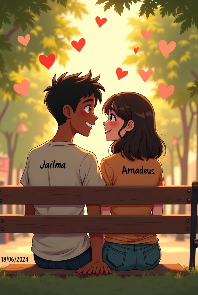 Drawing of a couple in love, holding hands, facing forward. The boy is wearing a shirt with the name 'Jailma' and the girl is wearing a shirt with the name 'Amadeus'. They are both the same size, tall and thin. He is dark-skinned with short hair, a slightly large forehead and dark brown eyes. She has short hair, reaching her shoulders, and brown eyes. She is a lighter-skinned brunette, almost white. The background of the image is filled with hearts. They are sitting on a bench in the square, with the date 18./06/2024