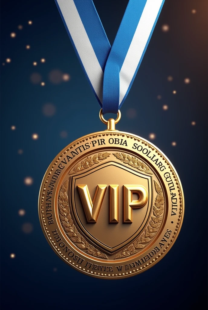 (Photorealism:1.2), beautiful medal with two-color ribbon((blue and white colors))necklace pendant "VIP 1", ((Hyper-Realism)), make this medal as a celebration of "VIP 1" from the company, paying homage, Write the name : "Raphael Fraga Damaceno, from Royal Vending Company".