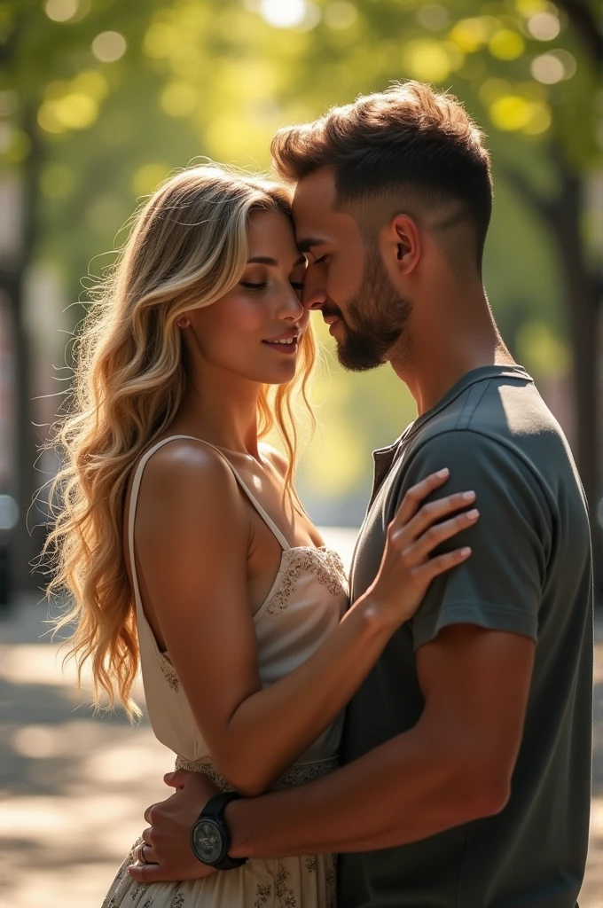 Beautiful blonde curly hair woman, handsome lightskin man, realism, hugging