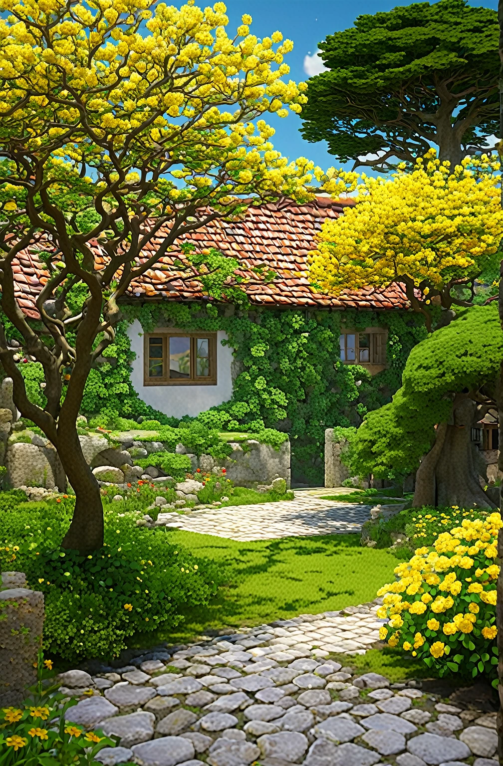 Creating an image of tranquility, Sunny countryside scenery, Vibrant anime style. The scene is set in a stone-paved courtyard,There is a small grass growing between the stones, There are trees around, Shadows of leaves and clouds, Yellow flowers on the tree,Flowers on the bush. Quaint house with red tile roof in the background, Partially obscured by trees. The sky is blue, Decorated with fluffy, White Cloud. The overall atmosphere is calm and nostalgic, Evokes warm summer days.