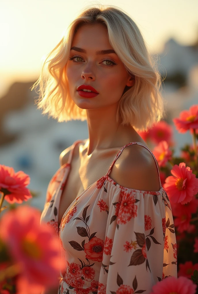 western, flower_dress, hot girl, santorini, greece, looking at sunset, makeup, (masterpiece), best quality, high resolution, extremely detailed, blurred background, depth of field, cinematic lighting. Russian women big pumped lips red lipstick super big fake lips bob cut hairstyle blonde hair big green eyes forehead is slightly arched, giving my face a distinctive shape. It flows seamlessly into my high, defined eyebrows. The bridge of my nose is straight and symmetrical, leading up to a pointed tip. My nostrils are small and delicate, adding character without being overwhelming. My cheekbones are prominent, highlighting my large, round eyes even further. My jawline is strong and defined, giving my face a masculine edge despite its feminine features. My neck is long and graceful, flowing effortlessly into my shoulders. flower garden , big fake lips big size lip big pumped lips red lipstick cleavage sweat in forhead
