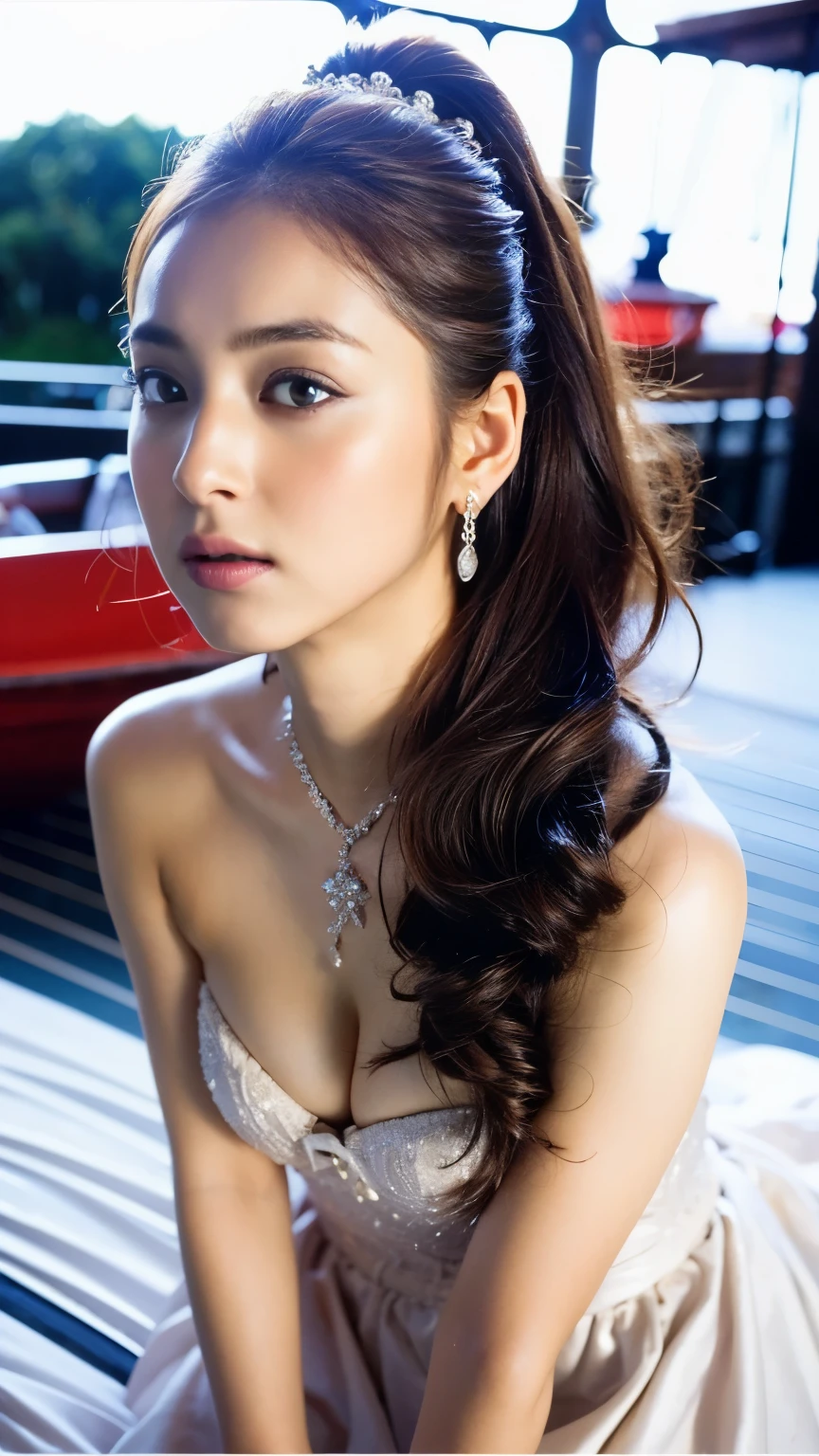 ((Realistic lighting, Highest quality, 8k, masterpiece: 1.3)), Clear focus: 1.2, shut up., Balanced Eyes, Detailed beautiful delicate face,(Detailed beautiful delicate eyes:1.32),Written boundary depth, cute, cute, Looking at the audience, cute, Idol, Baby Face, (((Super big breasts))), (((Super plump body))), smile, beautiful_feet, Shining Eyes, blush, Perfect body,Red wedding dress,(Boat neck:1.5), Bridal Tiara, Wedding Veil, Bridal Gloves, whole body, Long Hair, Cozy bedroom, On the bed, sunlight, Earrings, necklace, model, Looking at the audience, positive, Absurd, (Highest qualityの詳細:1.42), ((High Ponytail)), Realistic,8k高解像度, Very detailed, High-quality texture, Intricate details, Detailed Texture, finely, Attention to detail, Very detailedCG, High Quality Shadows,Messy Hair, Floating Hair, On all fours, The Absurdity of exposed cleavage,Thighs,((Low angle shot)), look forward to,forward leaning posture