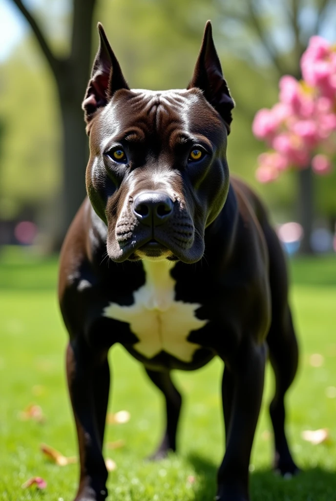 Angry black pitbull looking to camera at day