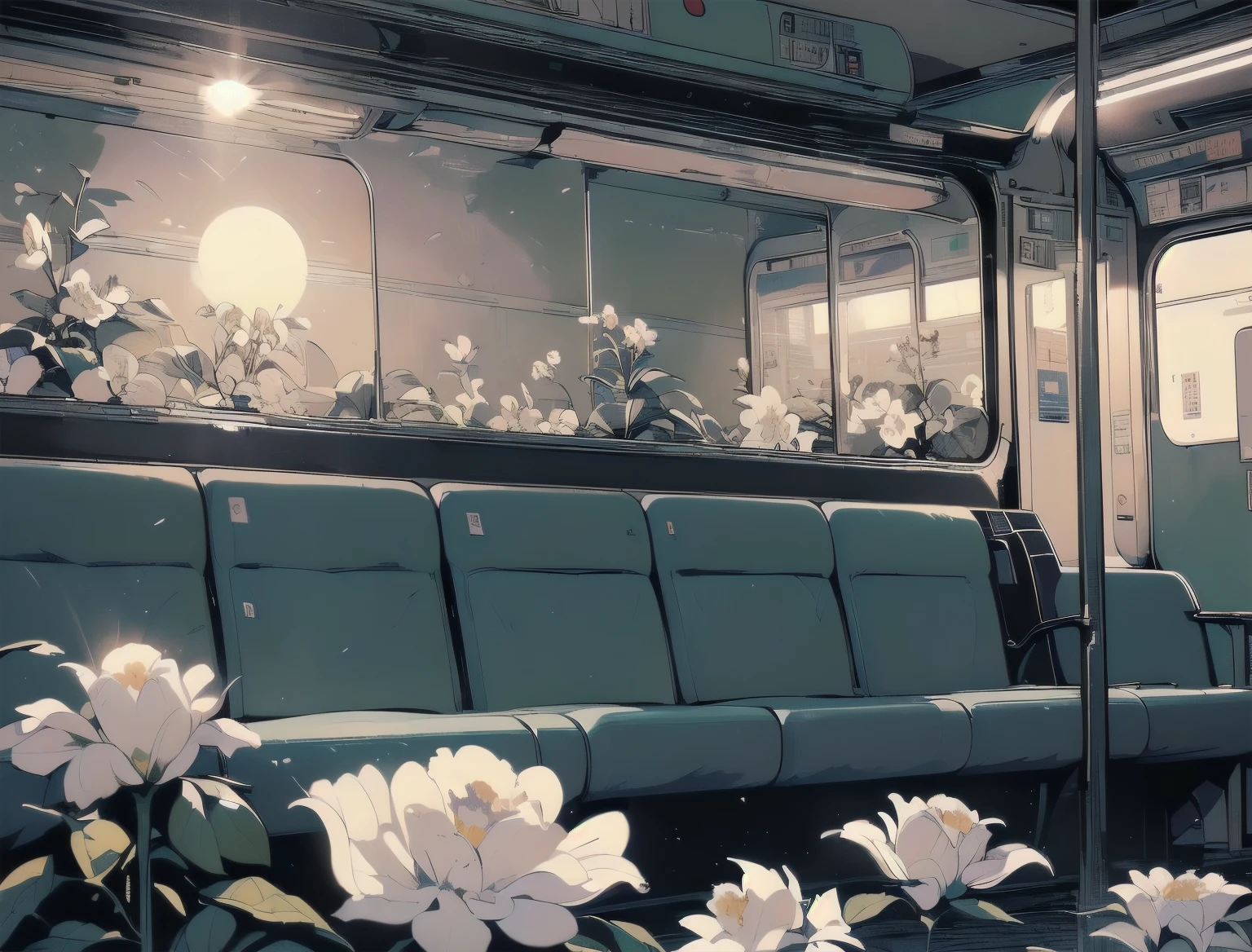 (((Masterpiece, top quality))), (((32K wallpaper))), ultra high resolution, gorgeous light leak, (((backlit))), highly detailed background, top quality, (((((no humans))))), Empty train, (((White flower))),  (((( very dull color )))), ((((Detailed train seating))), (((Strong light shines in)))、(((night)))、(((moonlight)))、さまざまなアングル