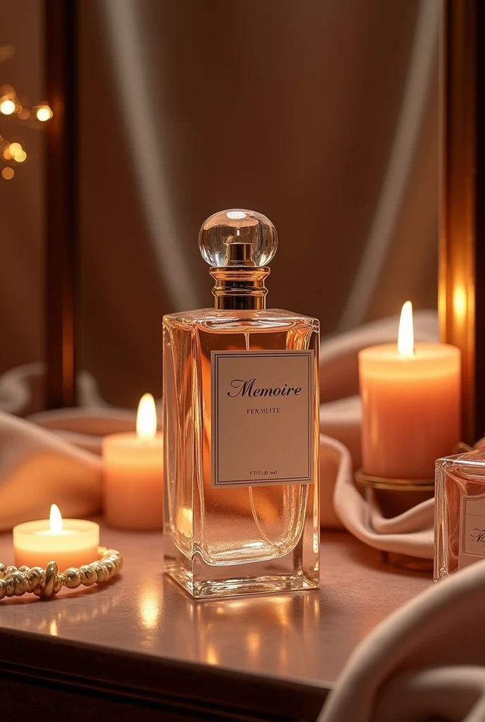 I have a product in the form of perfume with the brand name Memoire, but I'm having difficulty wanting to make the design. Help me to design this product in the form of a round, rectangular bottle with an elegant appearance that can impress other people