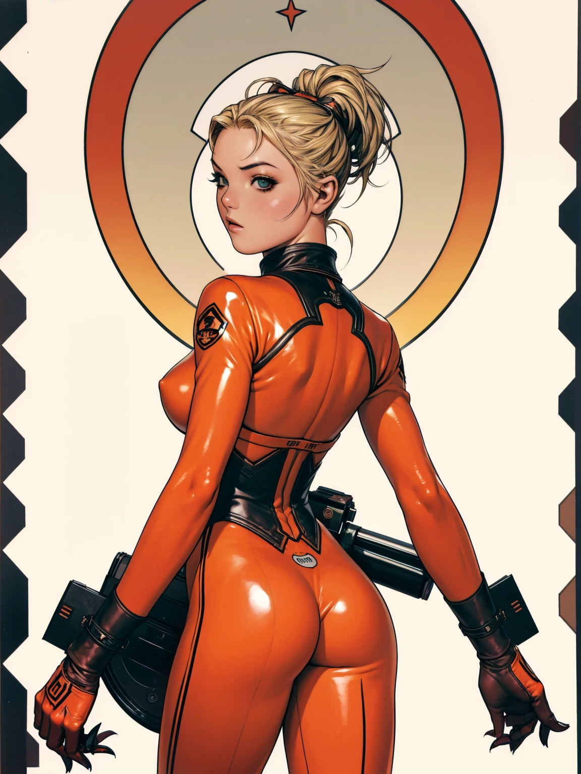 (((silvia saint))), (((red suit))), (((back view))), (((perfect ass))), ((( soldier suit ))), ((blonde haircut))), (((European girl))), ((high collar)), (((beige army suit))), (((best qualityer: 1.4))), (Unbeatable masterpiece), (hiper HD),(CG 8k hyper-realistic), (((brave face))), (((breasts big))), (((hyper feminine))), sexly girl, ((( sculptural body ))), (((1 Kizi))), Kizi cibernética de 25 anos com perfectbody,,Beautiful and well-groomed face,muscular body:1.2,solid color detailed jacket, (Head to thigh photos)， Complex equipment, green dark，Long pants，Tight clothes are dark，With white stars and off-white stripes,,,,,Armor Metal Electronic Parts, Poison tattoos ) INFO, Kizi, (((standing alone))), pirralha violent, ((())), sexly, pose de atitude, work of art, post-apocalypse, (((manga style))), bounty hunter, violent, Manic, the way you want, slenderbody, thin but strong, perfectbody, roupa moderna, advanced technology, neon, sleeves with vertical striped pattern, neutral background, (( cowboy shot )). intricate visual