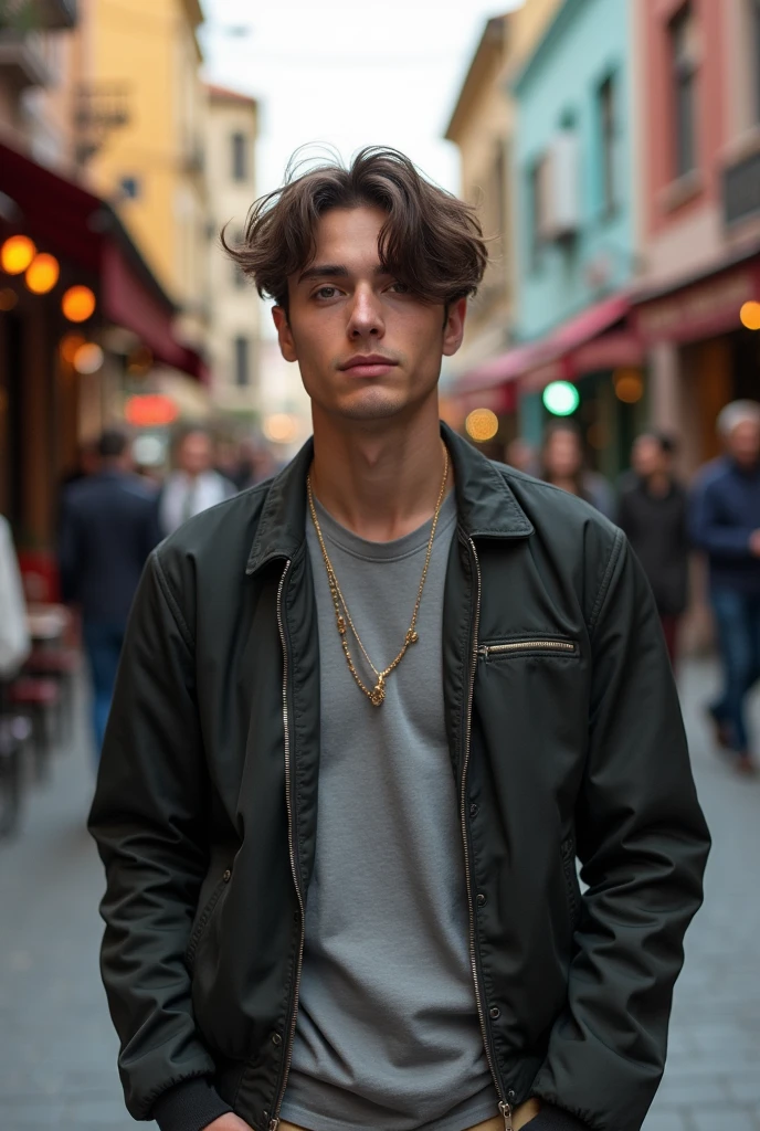 white male, age 26, with straight, brownish hair, casual clothes and jacket, com olhos escuros