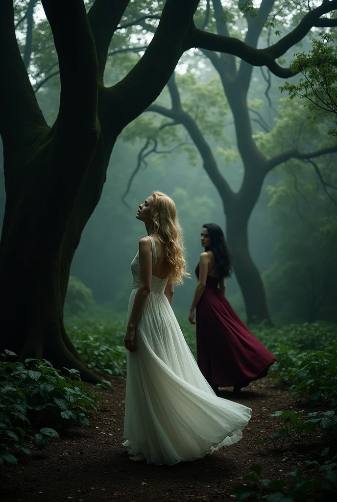 Create a dark and mysterious forest.
In the foreground, There is a woman looking up with blonde hair wearing a long white dress in the background, There is a woman with black hair wearing a burgundy dress. She looks over her shoulder mysteriously..