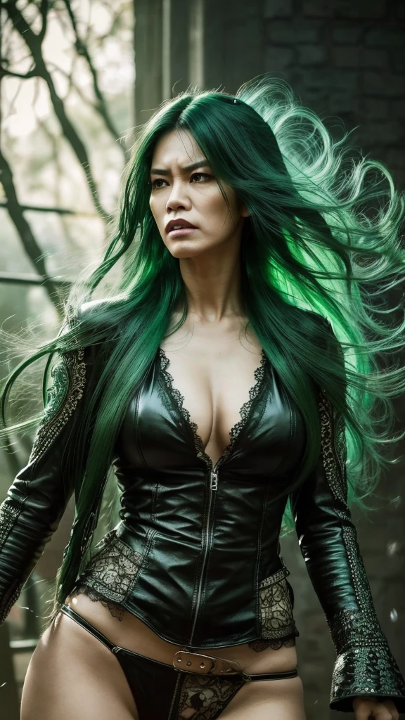 8K , Indonesian woman with tall body and long legs and muscular build, 38 years old , Woman wearing leather rock n roll clothes with lace, Dramatic images , Beautiful , Extremely detailed , Angry face , ((Hair blowing:1.3 )) , green hair, pose comes out of a magical portal