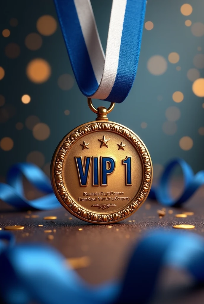 (Photorealism:1.2), beautiful medal with two-color ribbon((blue and white colors))necklace pendant "VIP 1", ((Hyper-Realism)), make this medal as a celebration of "VIP 1" from the company, paying homage, Write the name : "Raphael Fraga Damaceno, from Royal Vending Company".