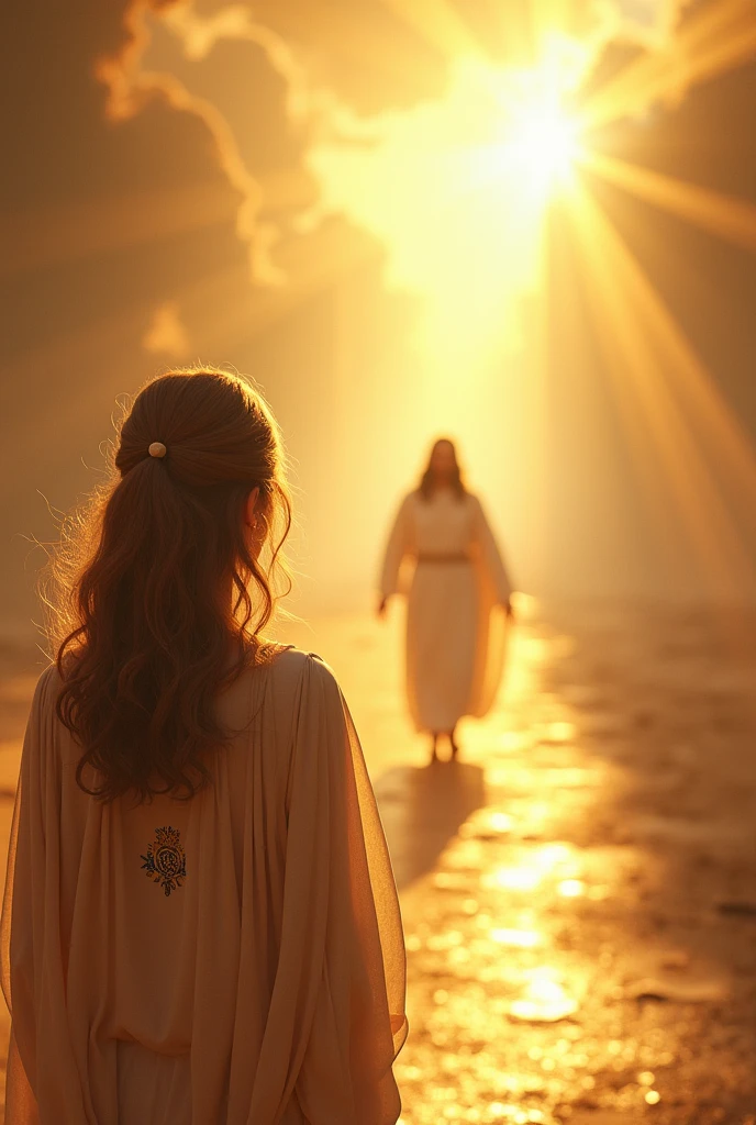 A short woman looking at Jesus on a golden street with holy garments short woman ,hair below the shoulders in transition of lights and smoothing