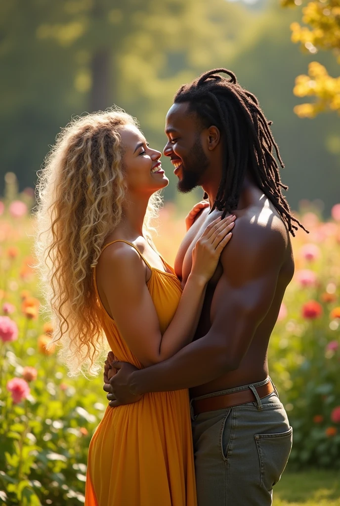Beautiful blonde curly hair woman, handsome lightskin man with dreadlocks, realism, hugging
