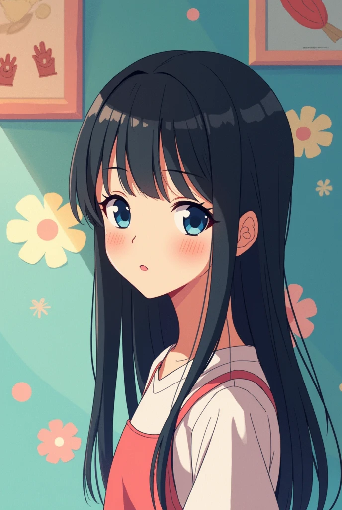 A Korean teenage girl with blue eyes and jet black hair. She has a semi-open fringe and looks shy. Her eyes are not very open. anime 80s.