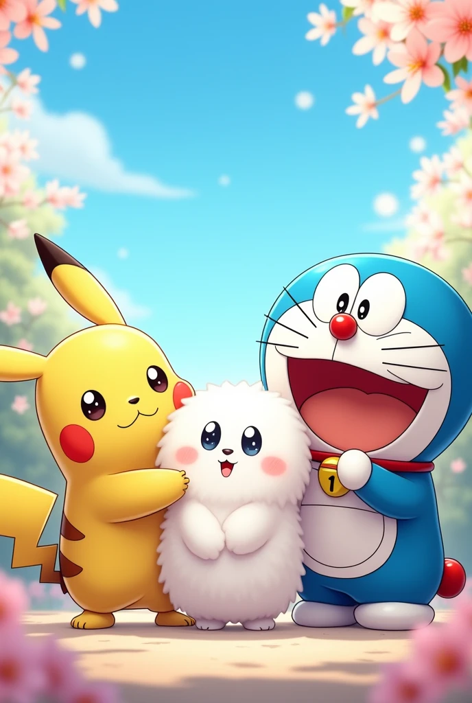 A cute and heartwarming scene where Pikachu from Pokémon, Snowball from The Secret Life of Pets, and Doraemon are smiling and having fun together. Pikachu is standing on the left, with Snowball in the middle and Doraemon on the right. They are surrounded by a bright and cheerful background, filled with soft, colorful flowers and a warm, sunny sky. Each character has a joyful expression, and they are all posing closely as friends, capturing the moment of happiness."