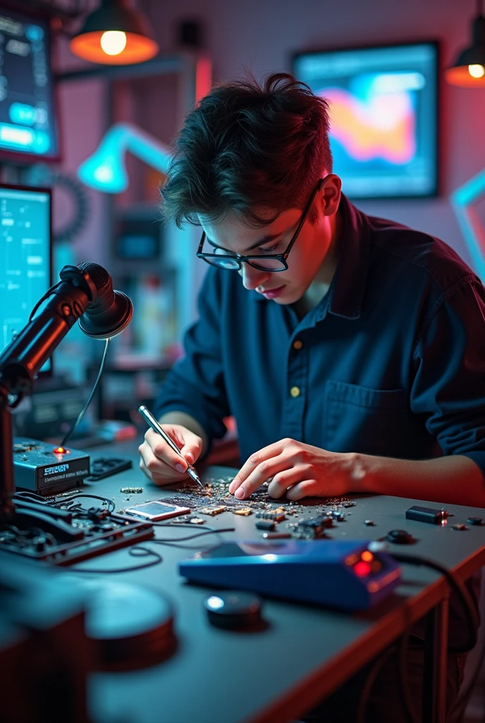 Young technician specializing in general cell phone repair. In his workshop with soldering tools, hot air station heat press, and repairing a cell phone with a lit background technology theme