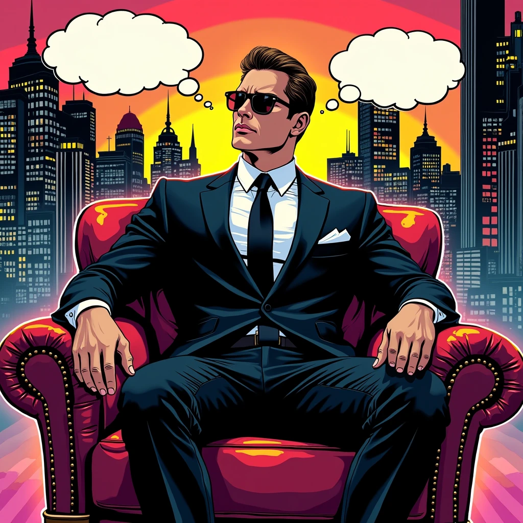 A man in a suit sits on a chair, in the style of 80s comics 