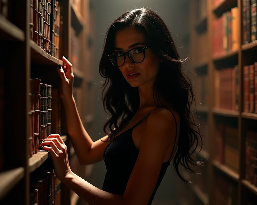 ultra realistic photography of a beautiful 48 years old woman, black hair, she wears black Christian Louboutin shoes, black pencil dress, hourglass shaped body, black prescription glasses,. The woman is choosing books in an old library, sensual photoshoot, studio photography, 